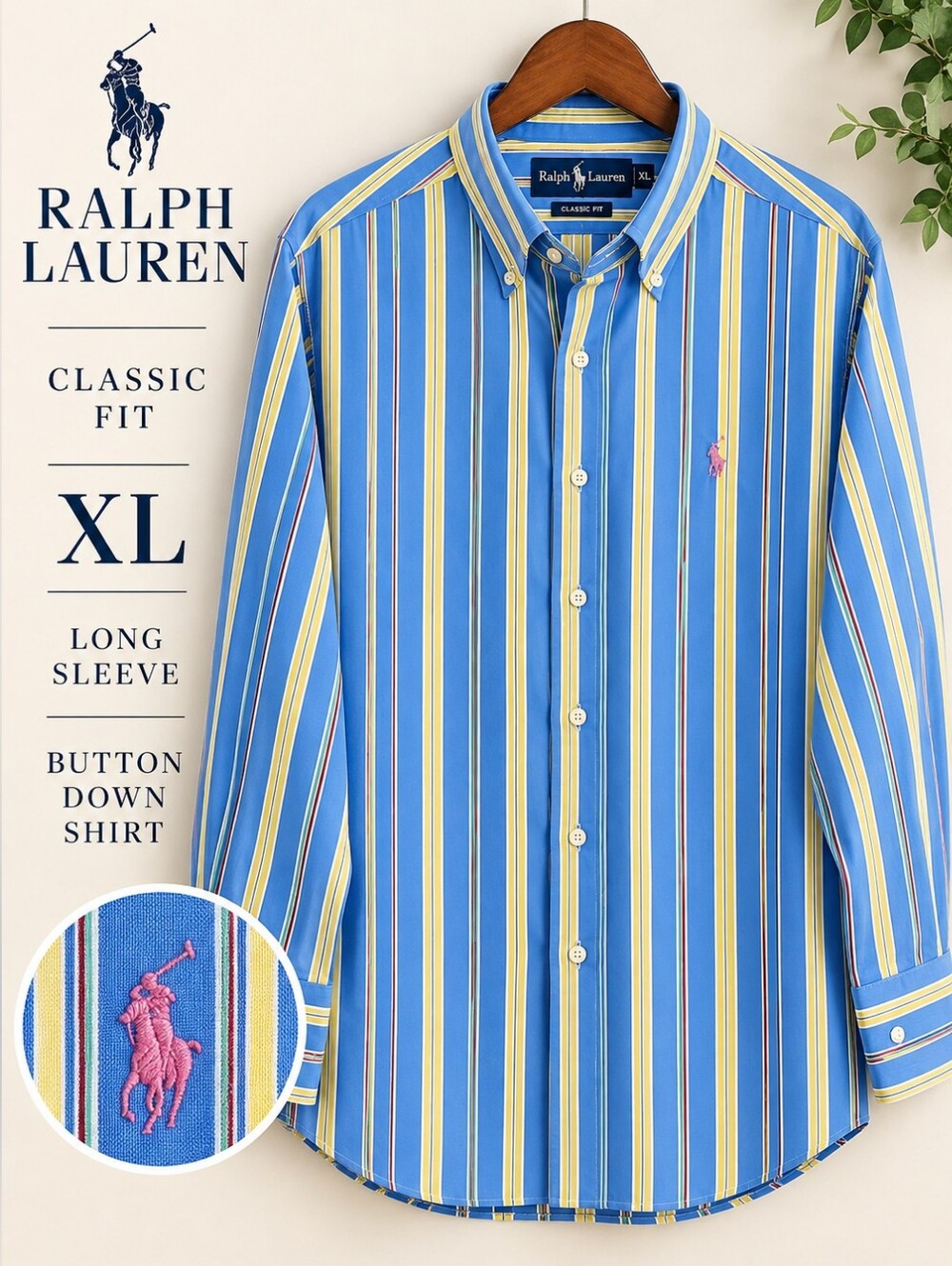 Ralph Lauren Mens XL Classic Fit Blue Striped Long Sleeve Button Down Shirt
